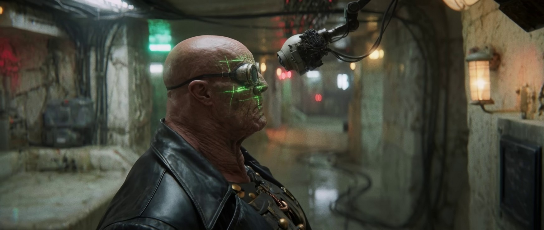 Cybernetic figure in a dark room.