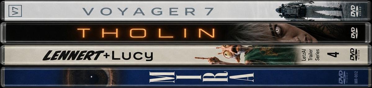 A COLLECTION OF DVD SPINES FOR AI-GENERATED FILMS, AVAILABLE ON LETZ.AI/WATCH